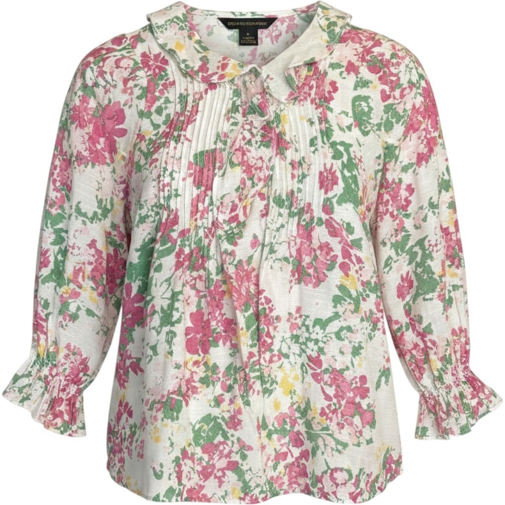 Counterparts Womens Floral Pintuck Blouse Pink Green Peter Pan Collar Large